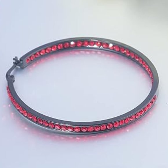 Black Metal Bright Red Crystal Channel Hoops Rhinestone Hoop Earrings Sparkling - Picture 6 of 6